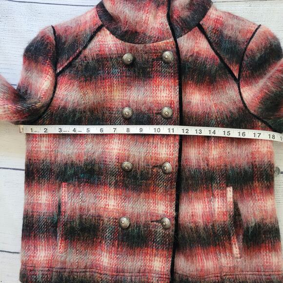 Free People Size EST S Red Wool Jacket Plaid Military Black Velvet Trim - Picture 11 of 15